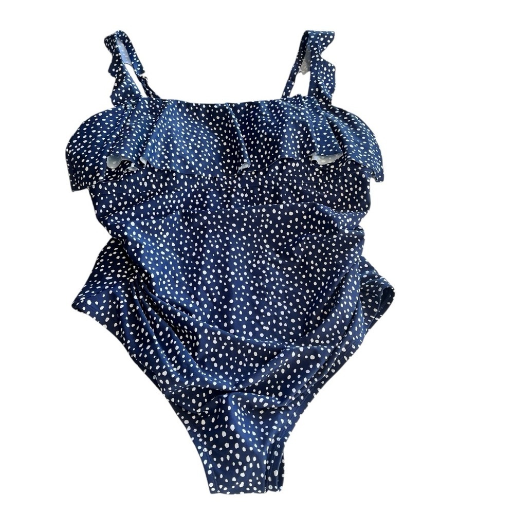 Kona Sol Polka Dot Ruffle Shoulder One Piece Swimsuit 18 New Blue - Picture 3 of 11